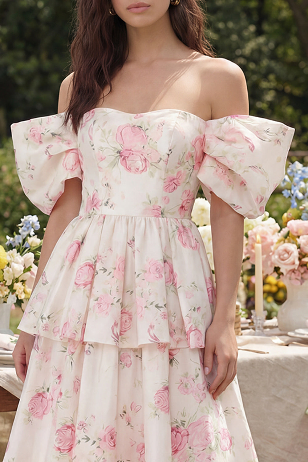 White Floral Off the Shoulder Tiered Wedding Guest Dress - Image 3