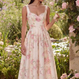 White Floral A Line Bowed Wedding Guest Dress