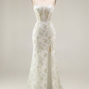 White Floral Mermaid Appliqued Corset Prom Dress