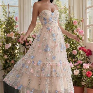 Strapless A Line Floral Champagne Ruffled Wedding Guest Dress