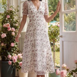 White Floral A Line Short Sleeve Wedding Guest Dress