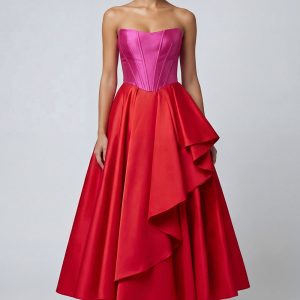 Strapless A Line Ruffled Corset Fuchsia and Red Formal Dress