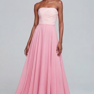 Strapless A Line Pink Ruched Maxi Formal Dress