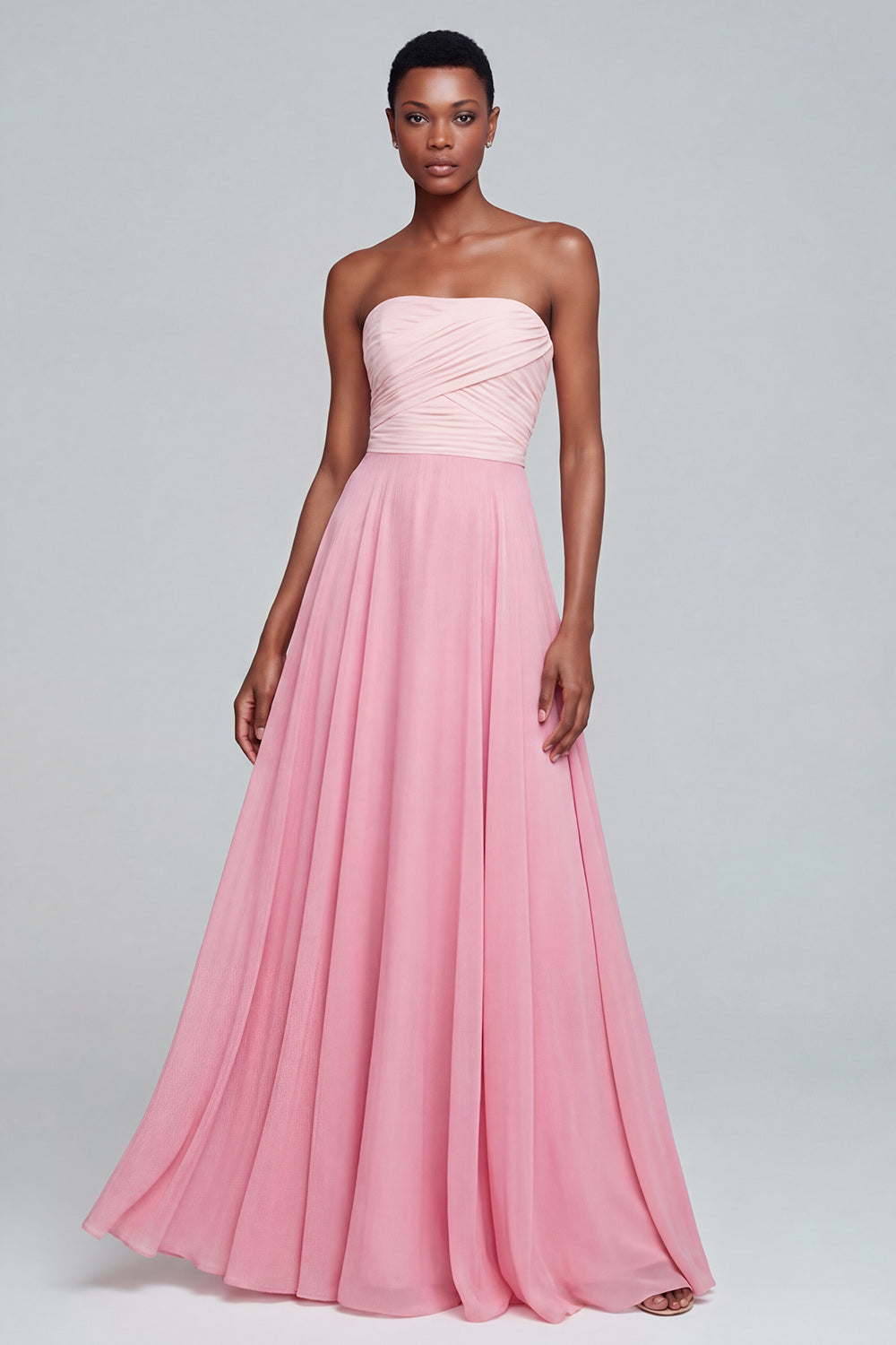 Strapless A Line Pink Ruched Maxi Formal Dress