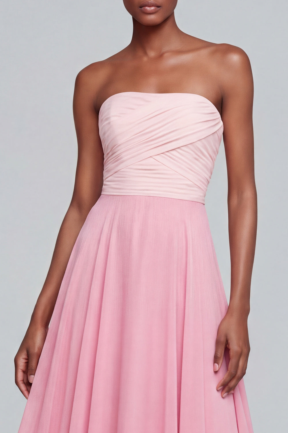 Strapless A Line Pink Ruched Maxi Formal Dress - Image 3