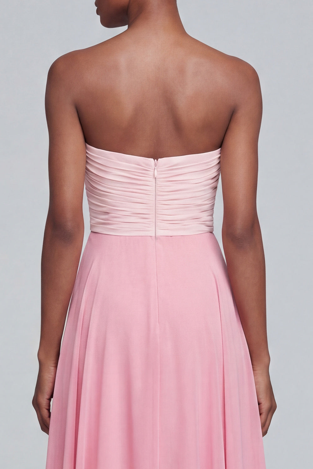 Strapless A Line Pink Ruched Maxi Formal Dress - Image 4