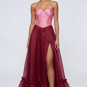 Strapless A Line Pink and Burgundy Ruffled Corset Formal Dress
