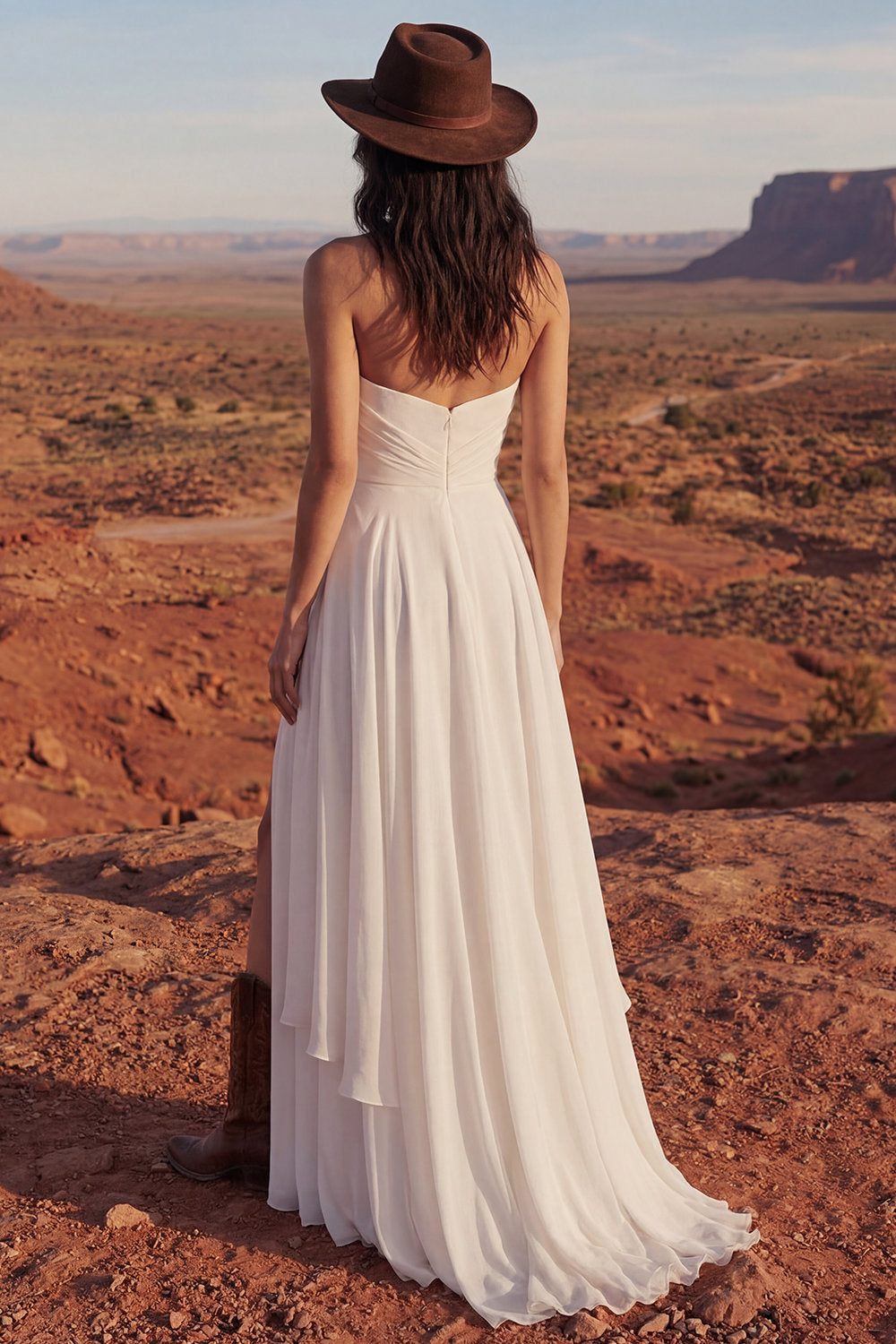 Strapless A Line Ruched Ivory Boho Wedding Dress with Slit - Image 2