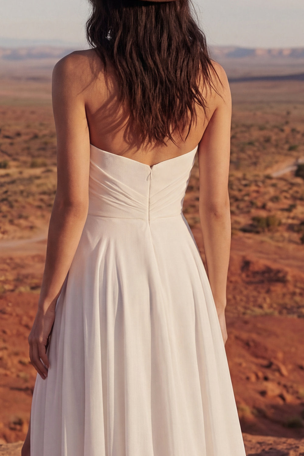 Strapless A Line Ruched Ivory Boho Wedding Dress with Slit - Image 4