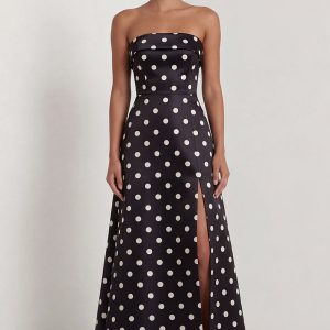 Strapless Black White A Line Polka Dot Maxi Formal Dress