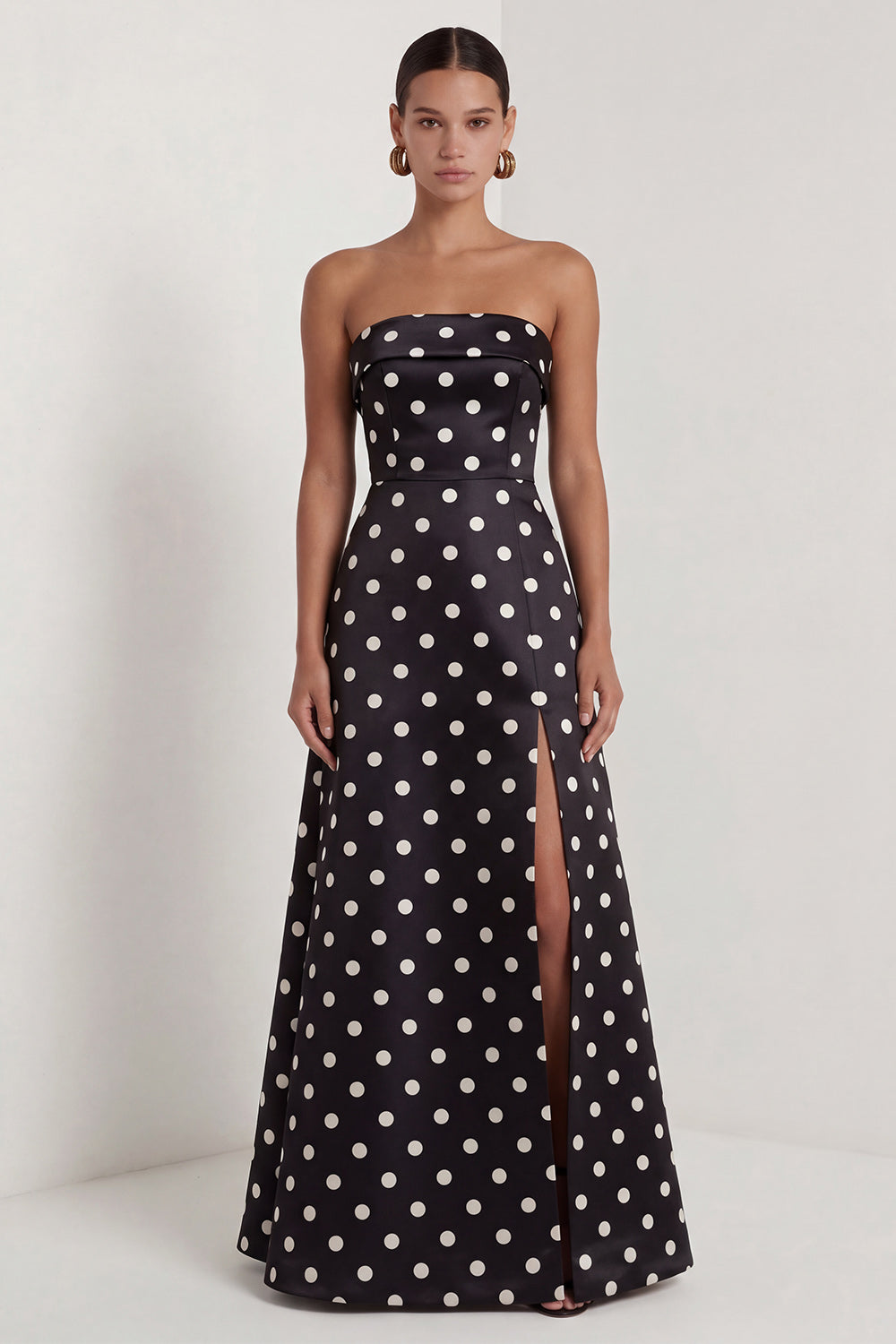 Strapless Black White A Line Polka Dot Maxi Formal Dress
