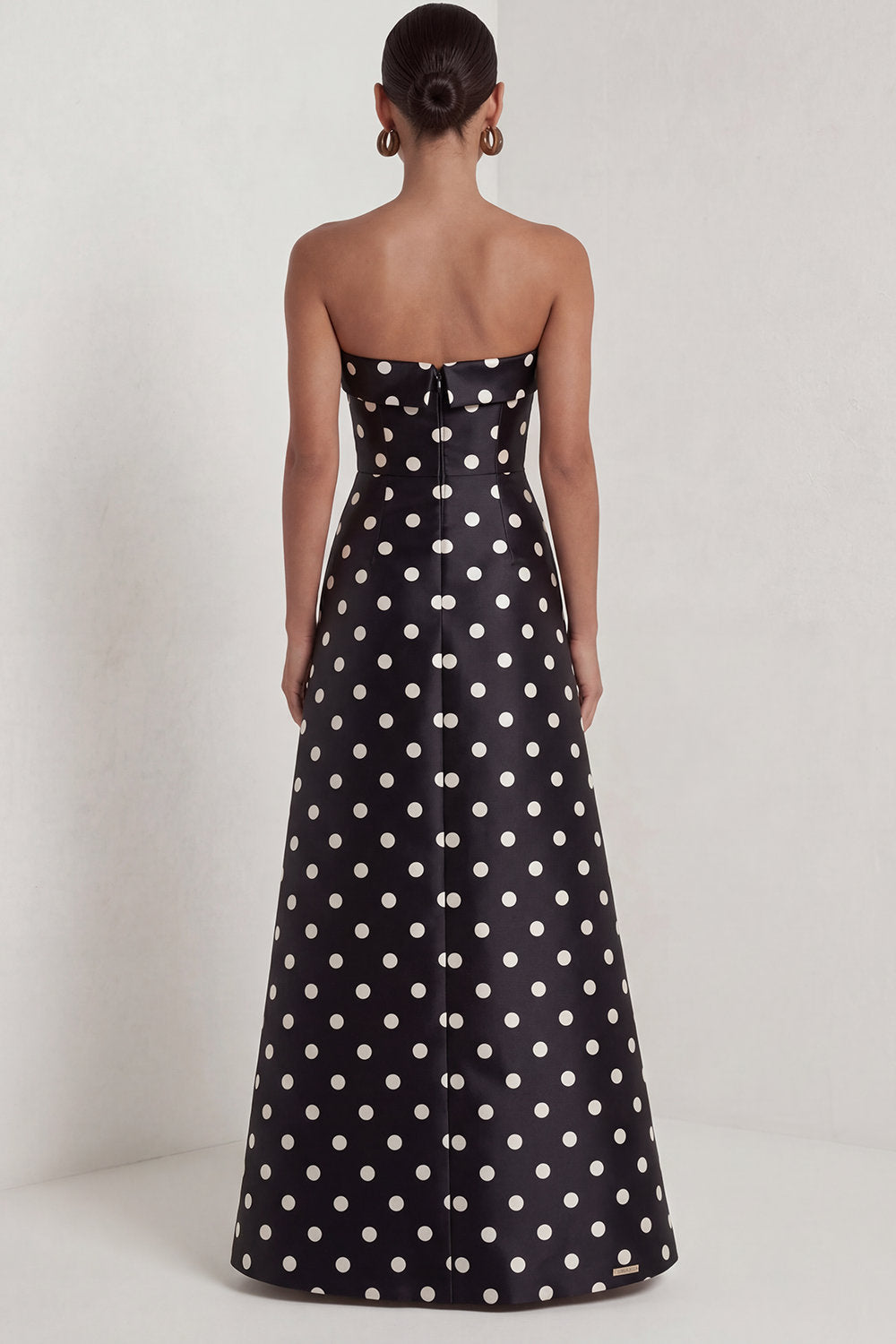 Strapless Black White A Line Polka Dot Maxi Formal Dress - Image 2