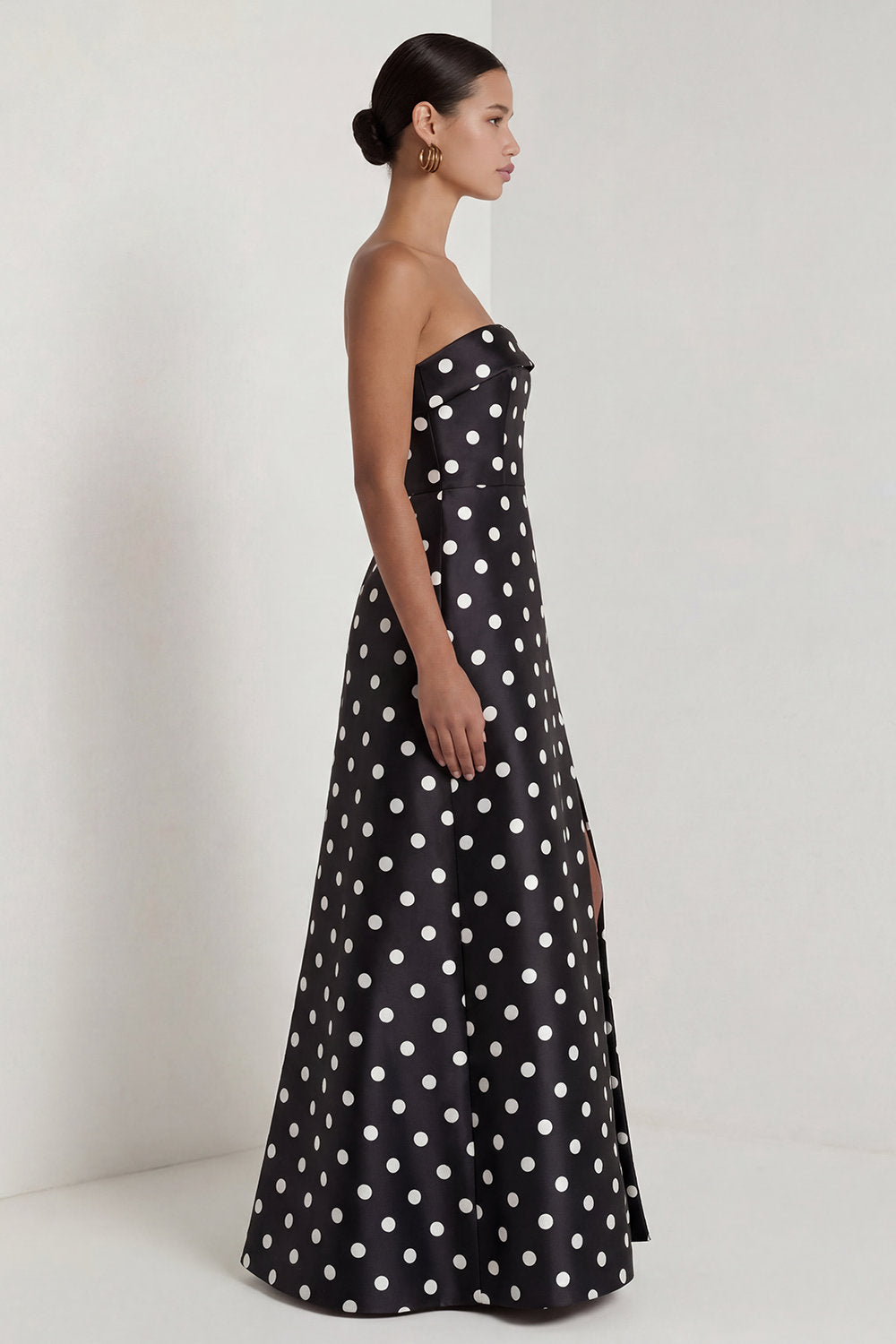 Strapless Black White A Line Polka Dot Maxi Formal Dress - Image 3