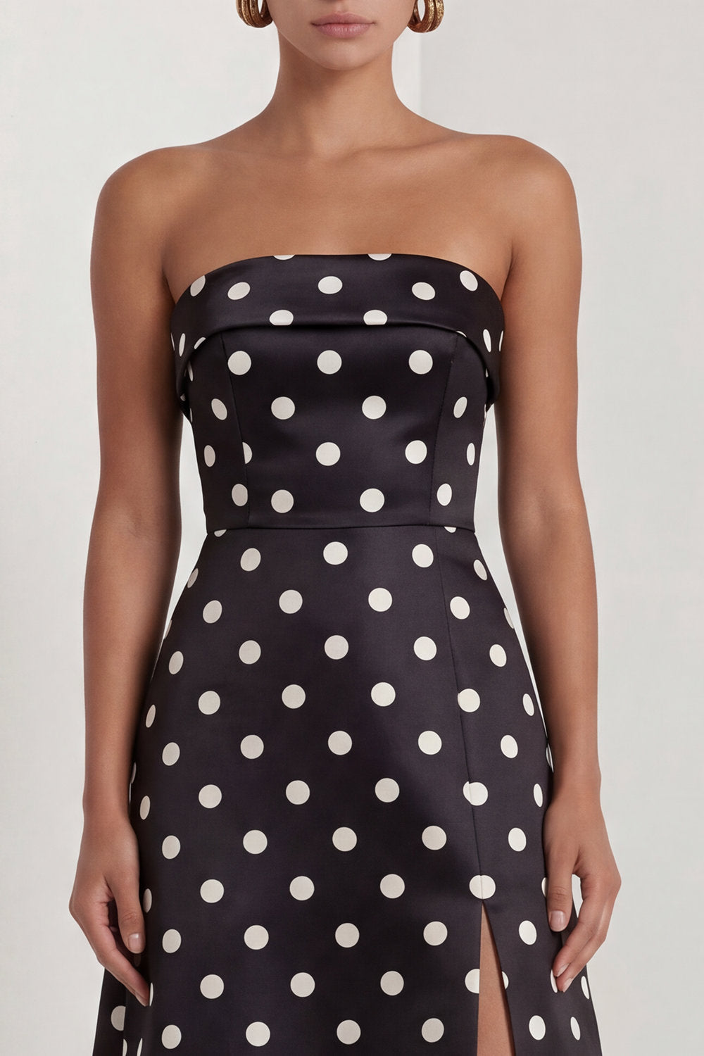 Strapless Black White A Line Polka Dot Maxi Formal Dress - Image 4