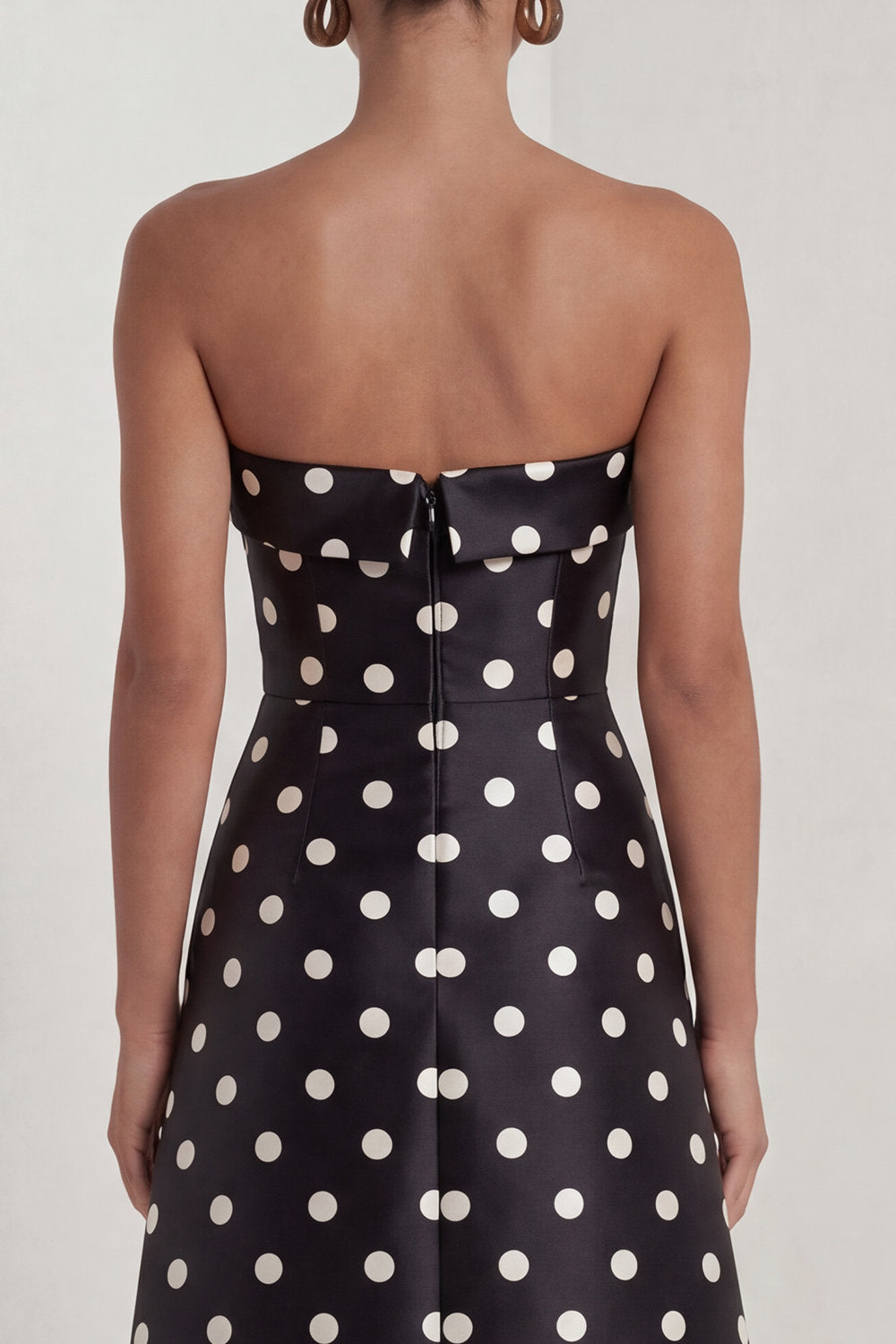 Strapless Black White A Line Polka Dot Maxi Formal Dress - Image 5
