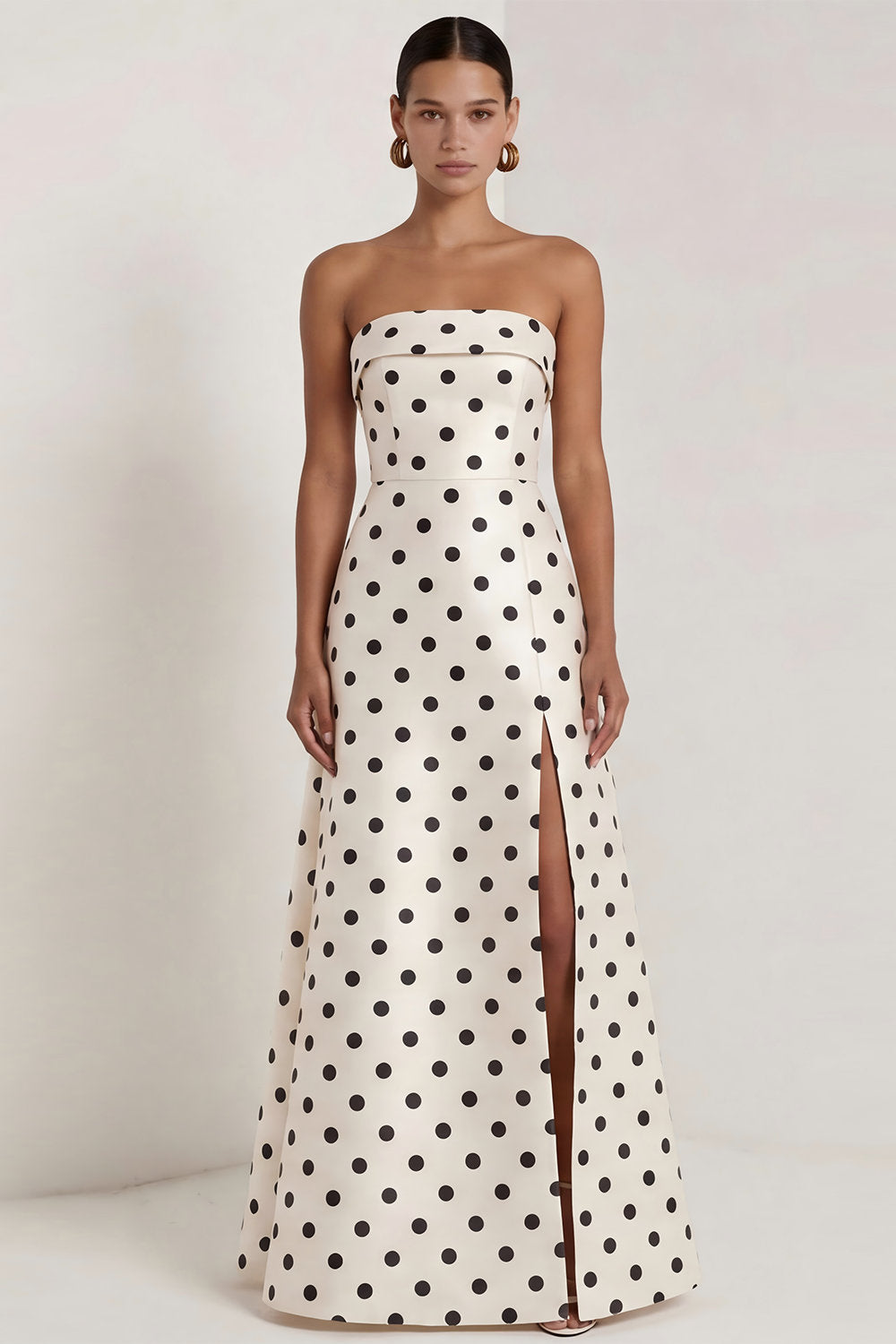 Strapless Black White A Line Polka Dot Maxi Formal Dress - Image 6