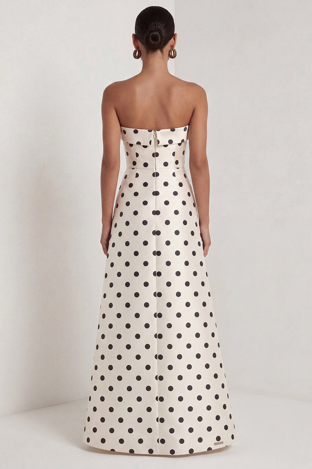 Strapless Black White A Line Polka Dot Maxi Formal Dress - Image 7