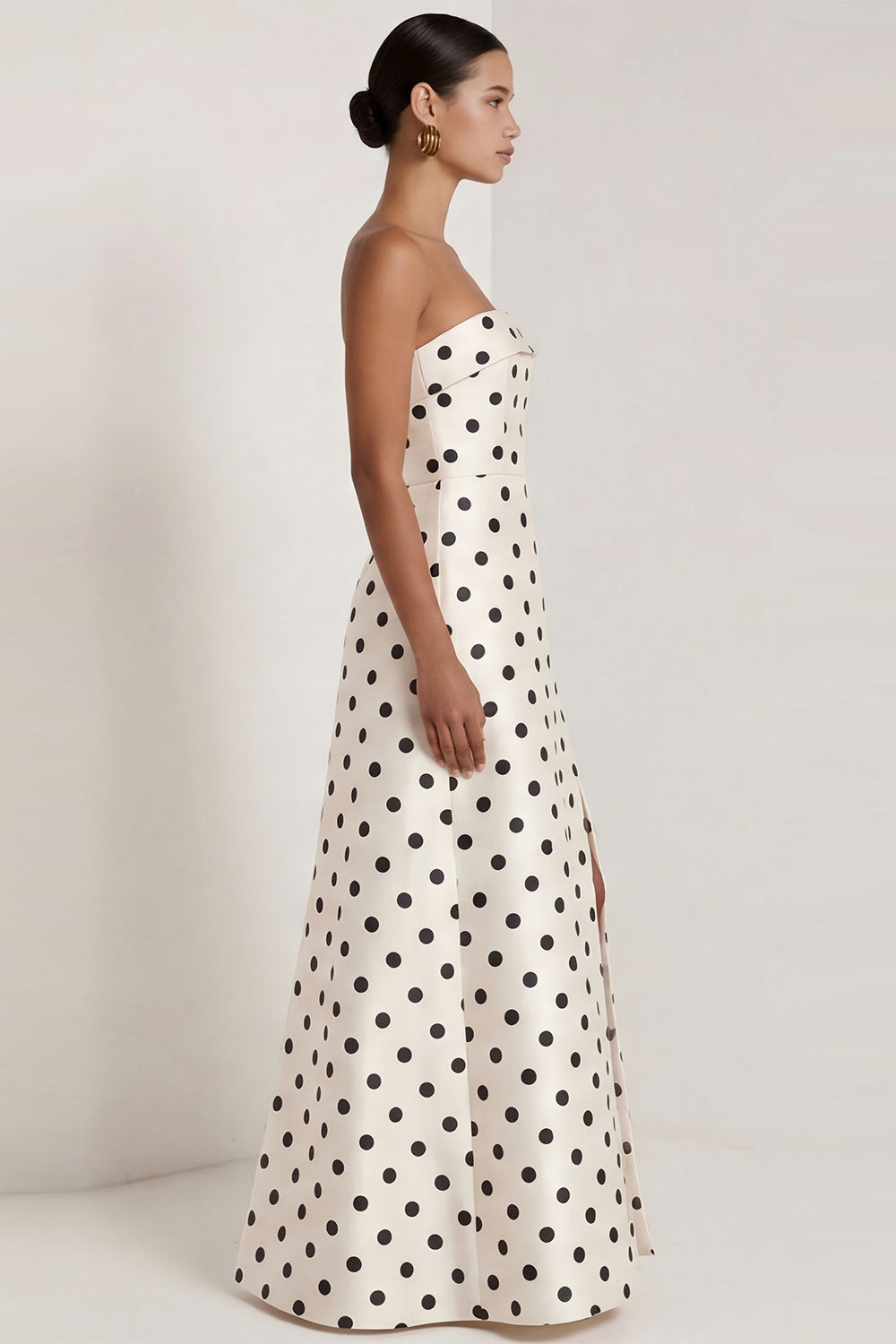 Strapless Black White A Line Polka Dot Maxi Formal Dress - Image 8