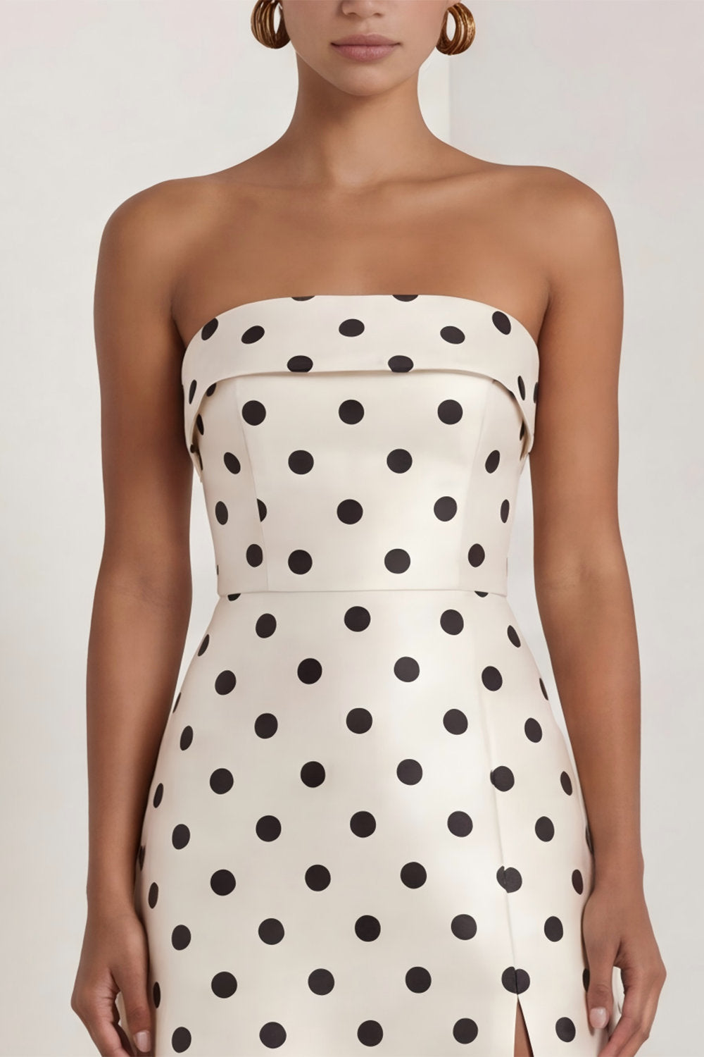 Strapless Black White A Line Polka Dot Maxi Formal Dress - Image 9