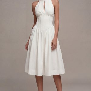 White Halter Cut Out A Line Corset Midi Engagement Dress