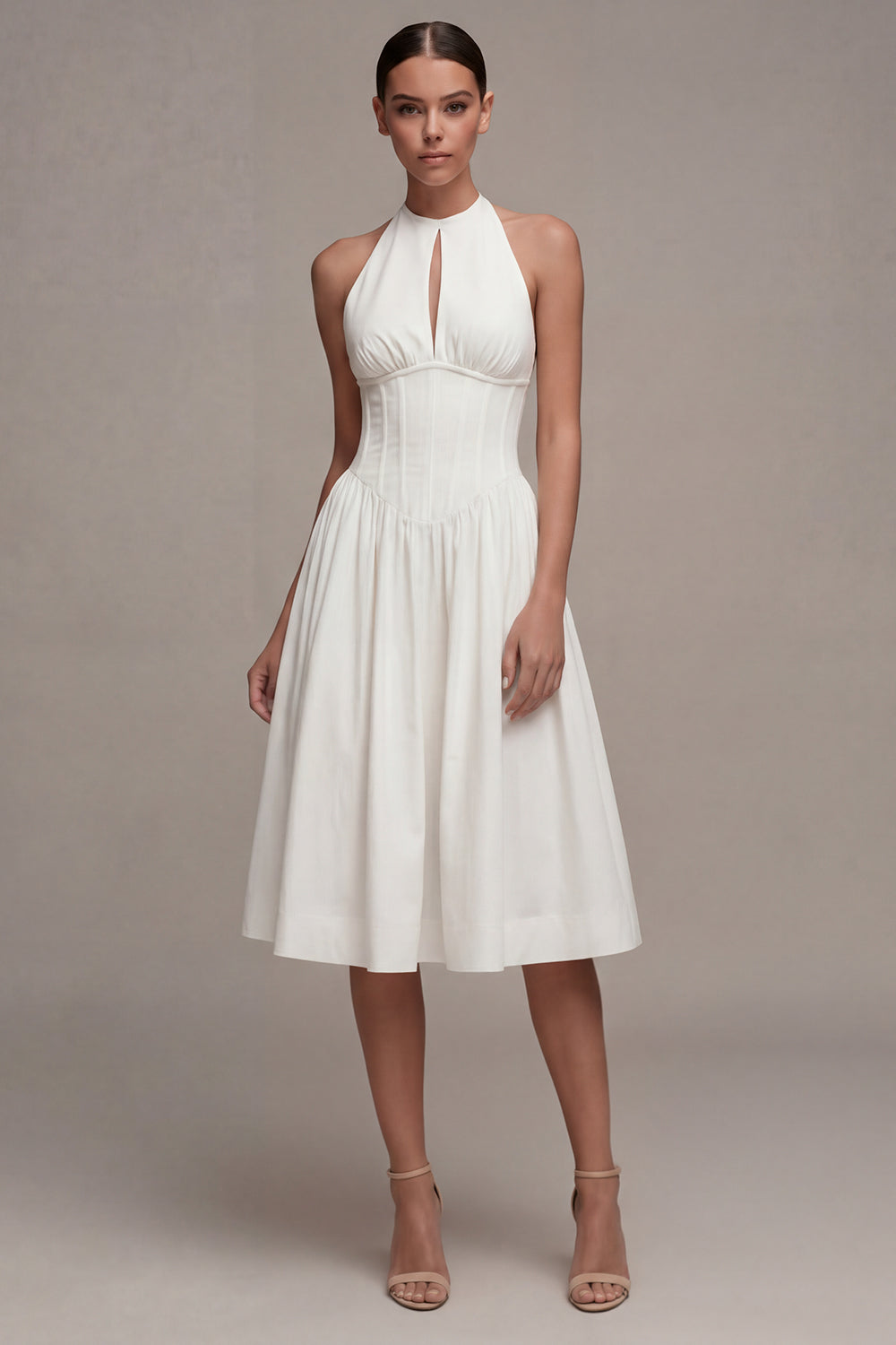White Halter Cut Out A Line Corset Midi Engagement Dress