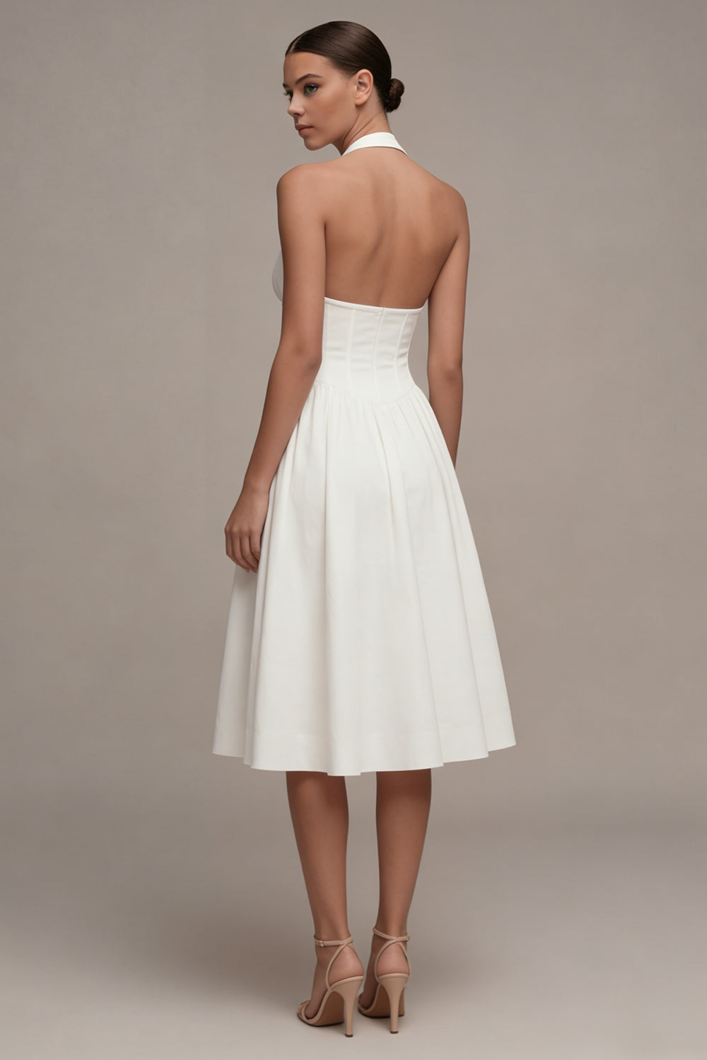 White Halter Cut Out A Line Corset Midi Engagement Dress - Image 2