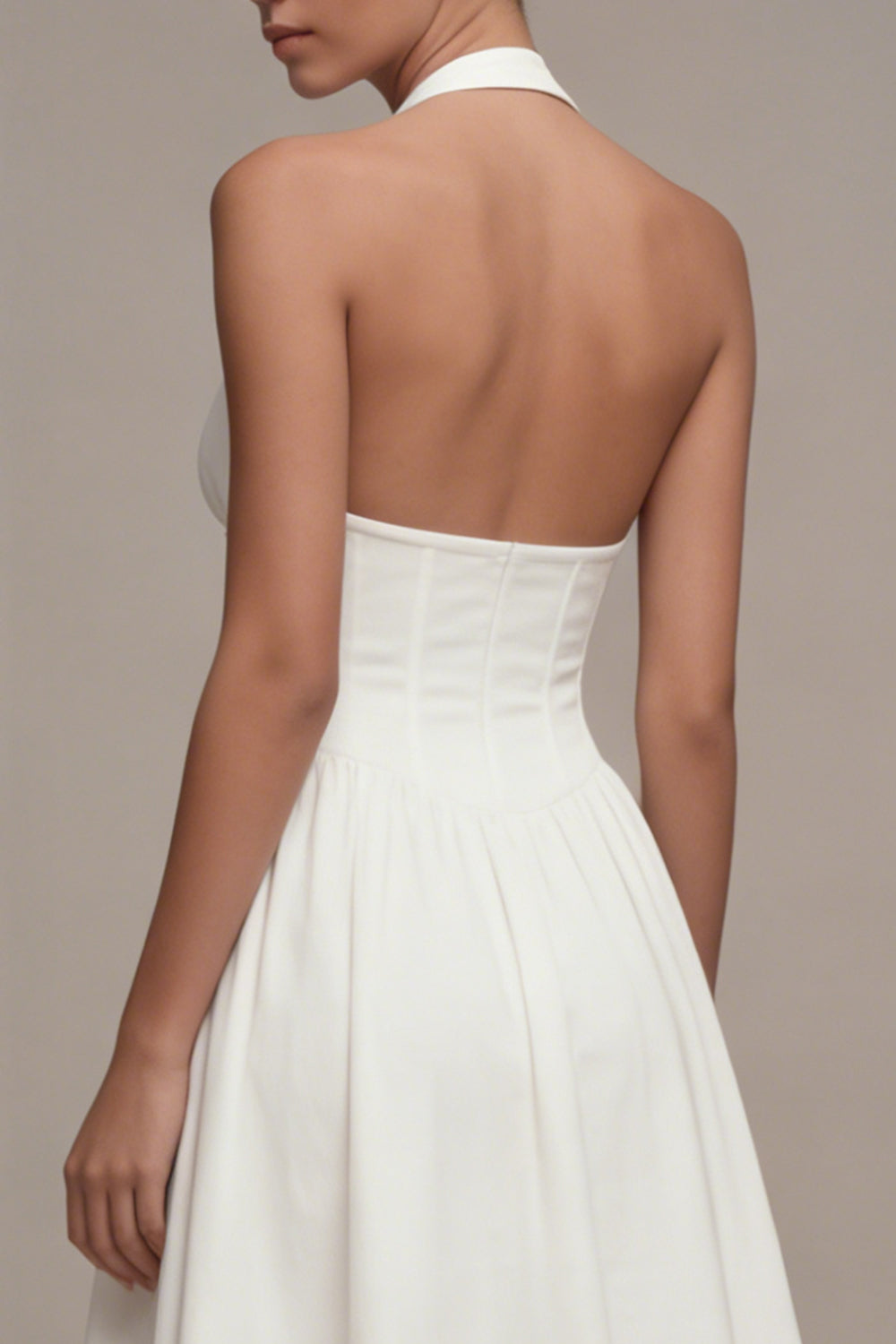 White Halter Cut Out A Line Corset Midi Engagement Dress - Image 4