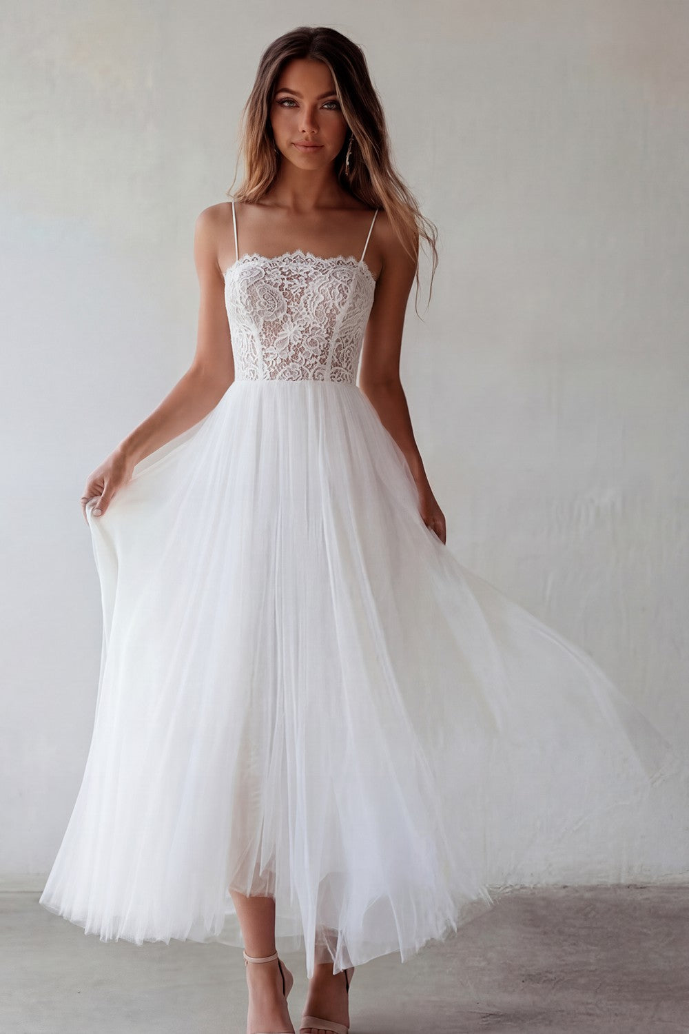White Lace A Line Tulle Engagement Dress