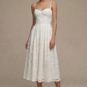 White Lace A Line Pleated Midi Engagement Dress