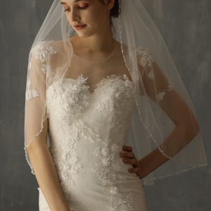 White Handmade Beaded Mid-Length Bridal Veil