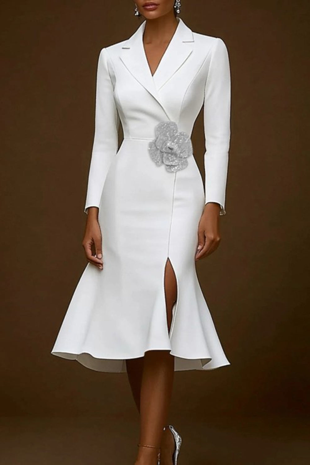 White Mermaid Notched Lapel Midi Work Dress With Slit