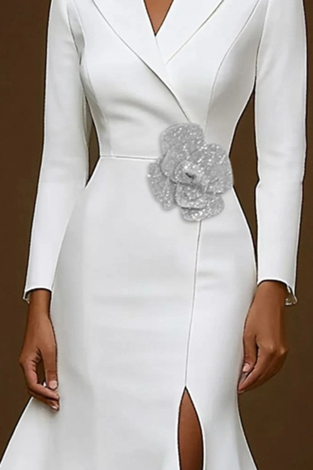 White Mermaid Notched Lapel Midi Work Dress With Slit - Image 2