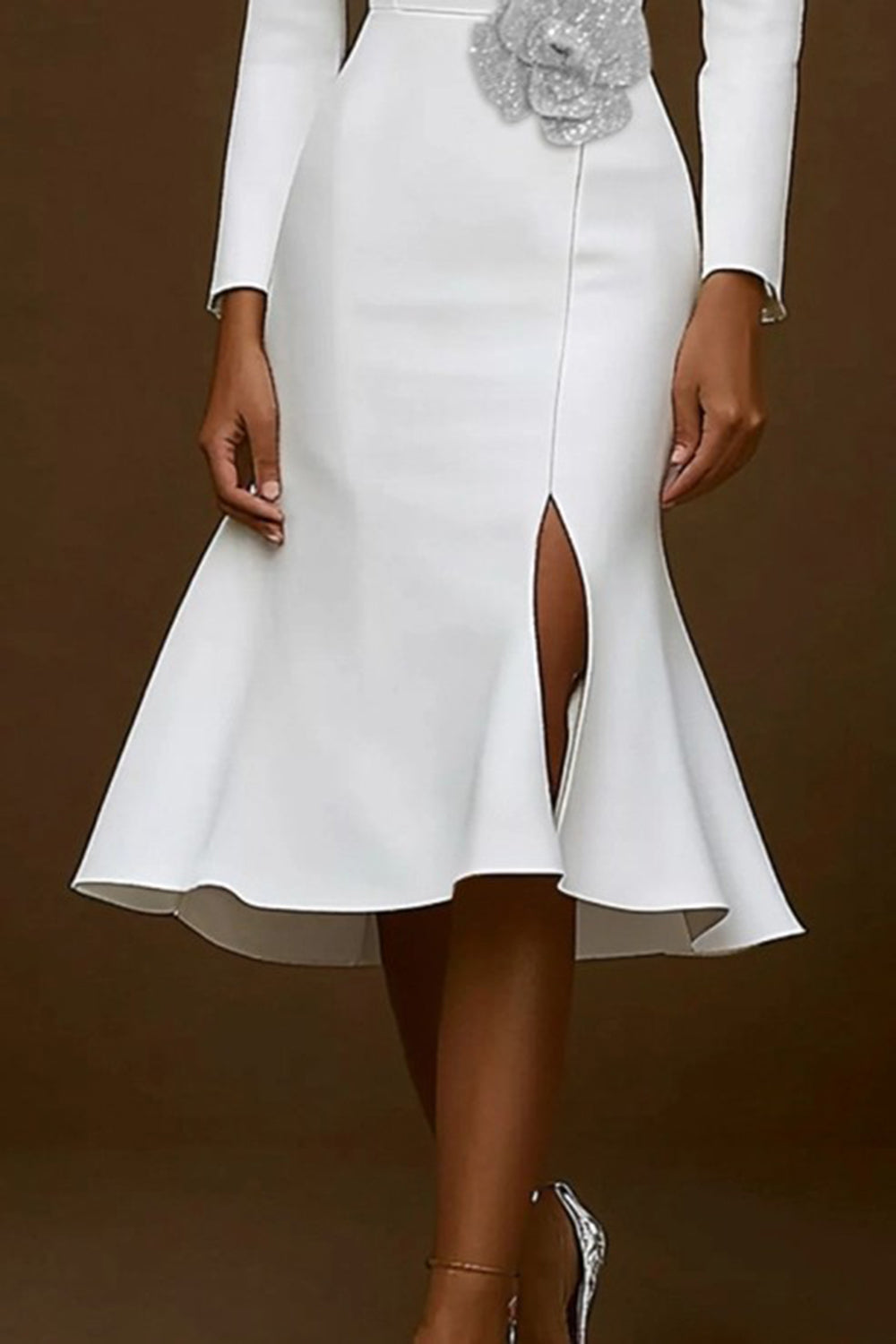 White Mermaid Notched Lapel Midi Work Dress With Slit - Image 3