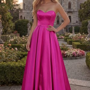 Strapless A Line Satin Fuchsia Maxi Prom Dress