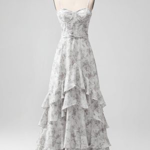 White Brown Flower Spaghetti Straps A Line Maxi Dress With Ruffles