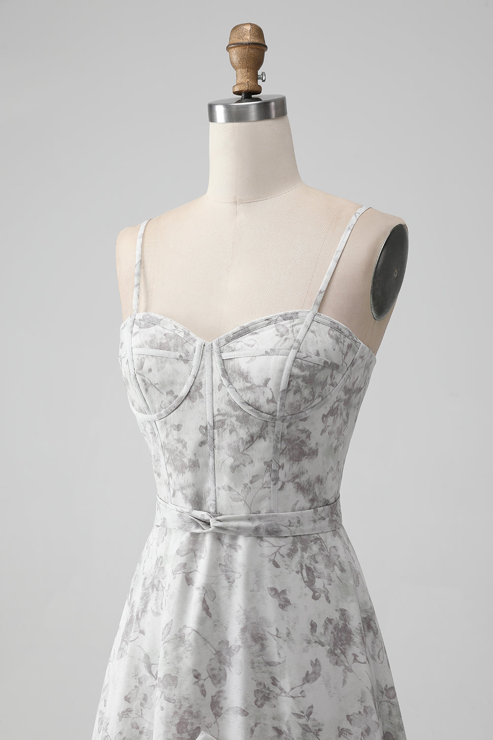 White Brown Flower Spaghetti Straps A Line Maxi Dress With Ruffles - Image 6
