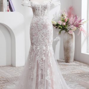 White Mermaid Off the Shoulder Sweep Train Wedding Dress with Applique Lace