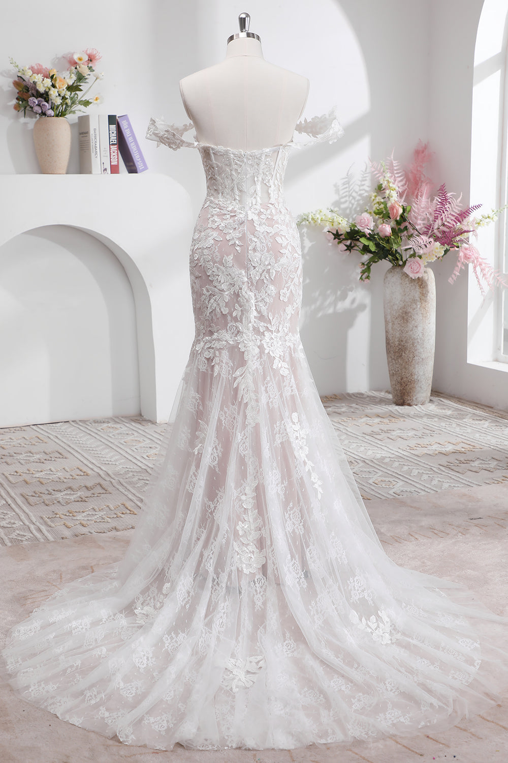 White Mermaid Off the Shoulder Sweep Train Wedding Dress with Applique Lace - Image 2