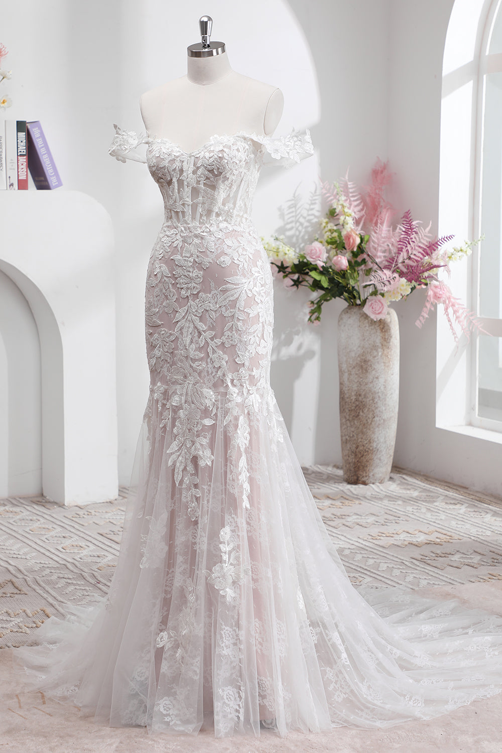 White Mermaid Off the Shoulder Sweep Train Wedding Dress with Applique Lace - Image 3