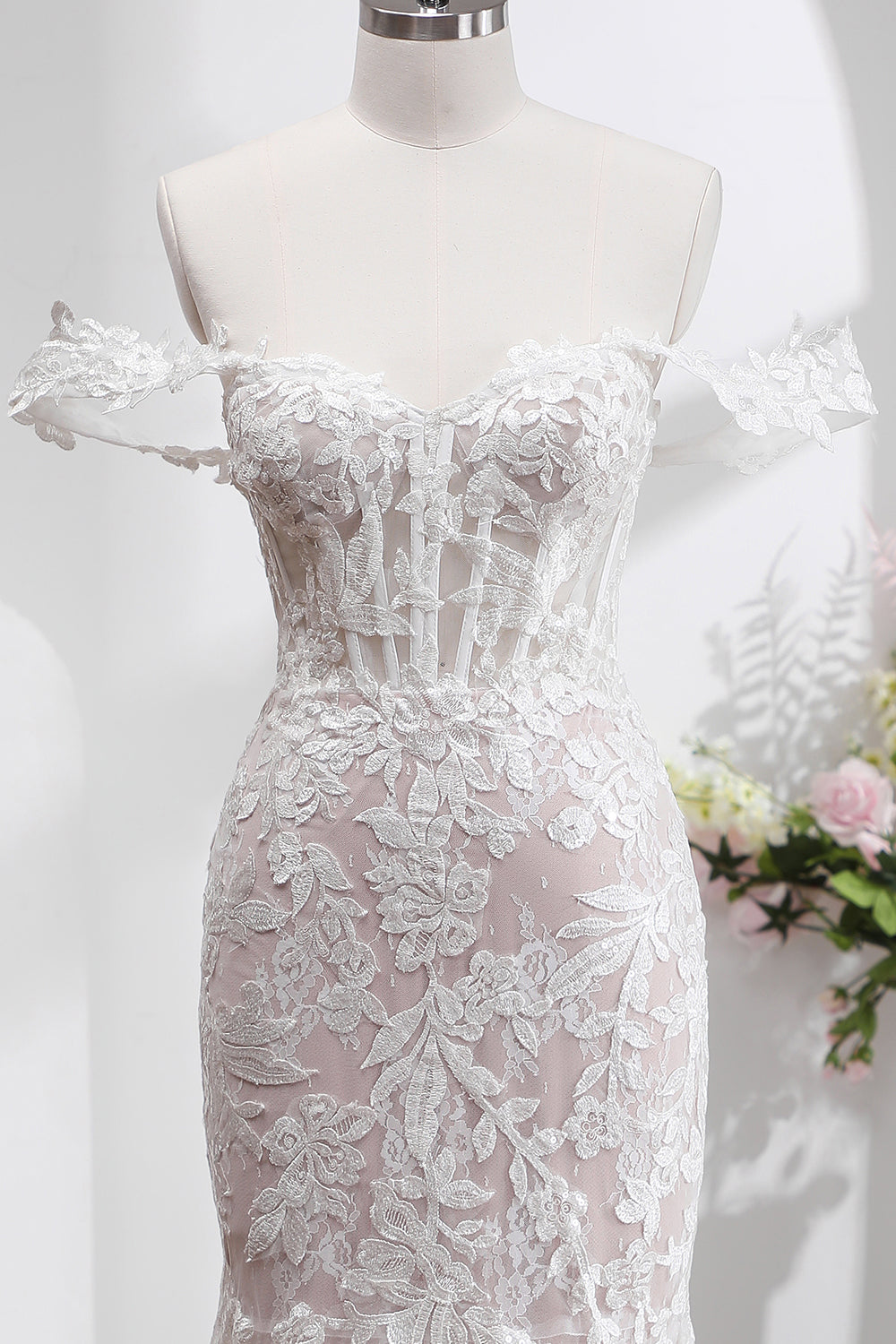 White Mermaid Off the Shoulder Sweep Train Wedding Dress with Applique Lace - Image 4