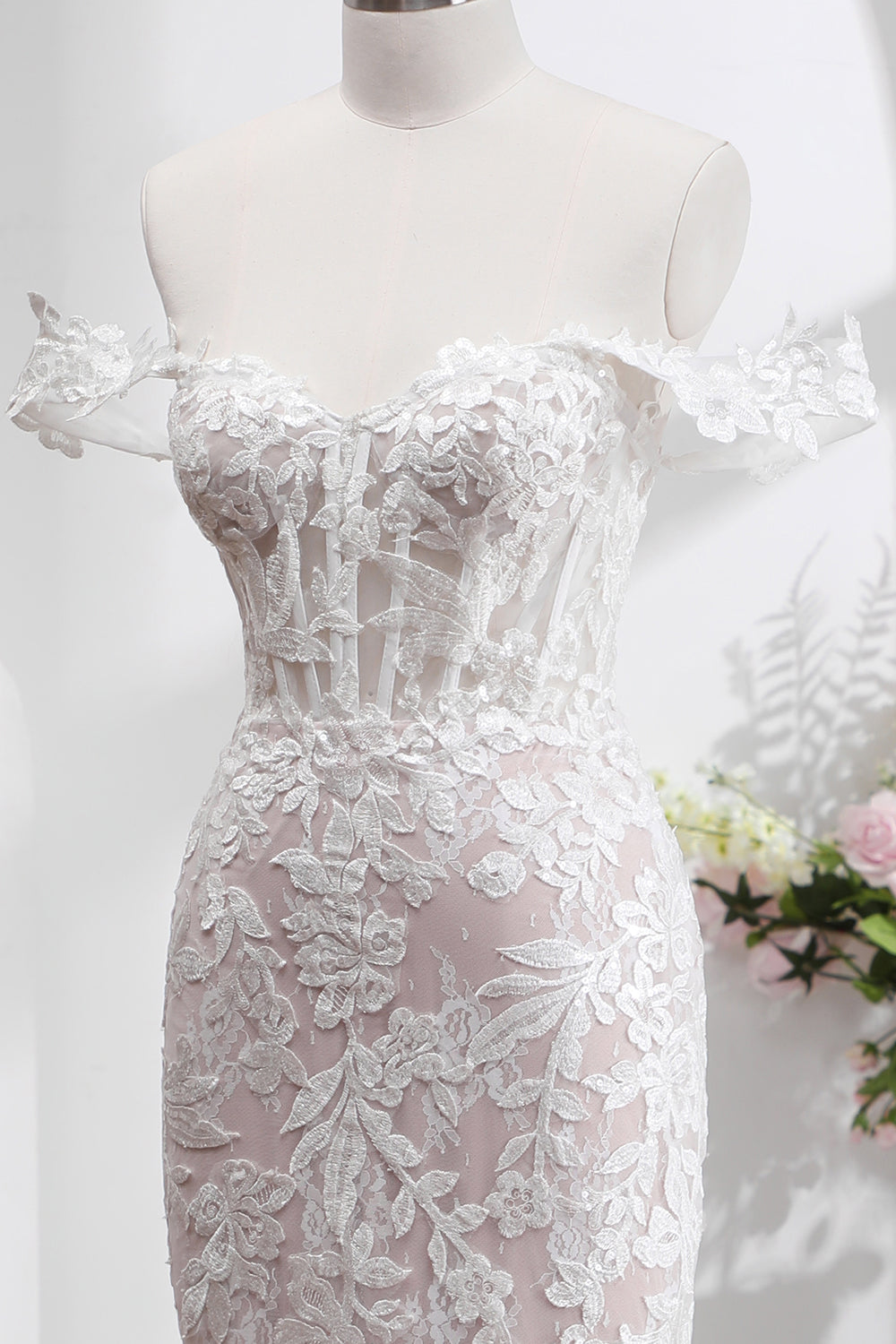 White Mermaid Off the Shoulder Sweep Train Wedding Dress with Applique Lace - Image 6