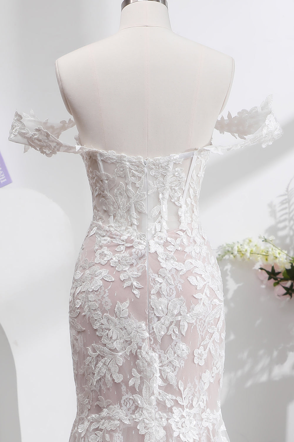 White Mermaid Off the Shoulder Sweep Train Wedding Dress with Applique Lace - Image 5